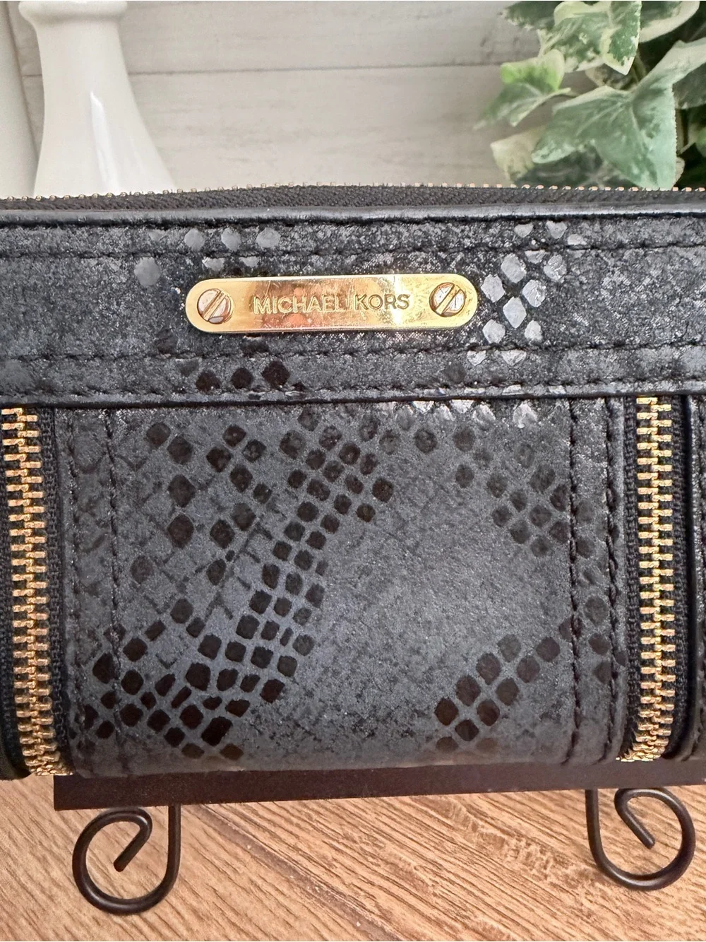 Michael Kors Black Moxley Python Leather Continental Zip Wallet